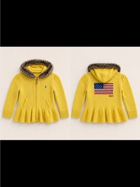 Ralph Lauren Girls Yellow Faux Fur Hood Flag Zip Knit Sweater Size 6 FLAW